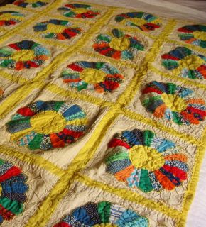 Vintage Crinkly Calico Dresden Plate Hand Stitched Quilt
