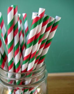  Green Paper Straws Set of 25 Christmas Striped Drinking Straws