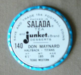  NY Jets Salada Tea Football Coin Don Maynard 140 in Series Nice