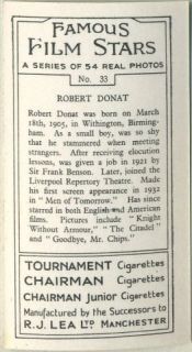 Robert Donat 1939 RJ Lea Movie Star Tobacco Card