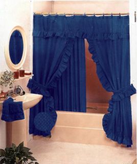 Navy Blue Bath Ruffle Fabric Shower Curtain Set Valance