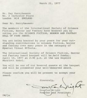 Ray Harryhausen Vintage 1977 Original Typed Letter Signed TLS