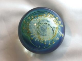 Signed Vintage Dominick Labino Blue and Yellow Paperweight 1975