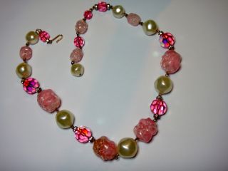 Vintage Pink Crystal AB Beads with Molded Plastic Wild Unique Necklace