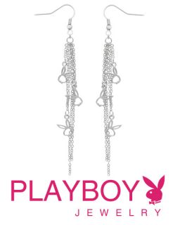  Playboy Triple Bunny Dangle Chain Silver Earrings Authentic Jewelry