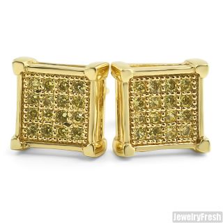  Gold Finish Canary Yellow Micro Pave CZ Square Earrings for Men