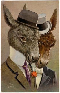 Postcard Thiele Signed Two Donkeys Dressed Animals