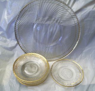 Vintage Star Burst Swirl Cake Platter and 8 Matching Cake Plates Gilt