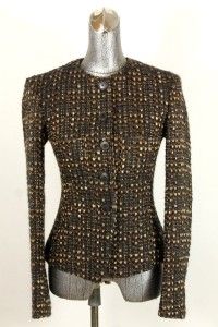 Womens Brown Donna Karan Jacket Blazer Wool Tweed Cropped Crew Neck
