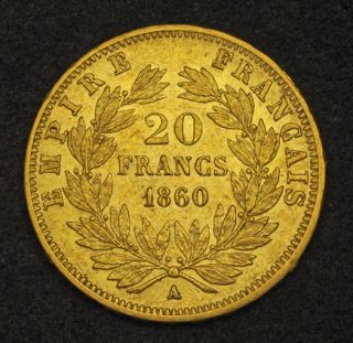 1860 France 2nd Empire Napoleon III Gold 20 Francs Coin 6 41gm