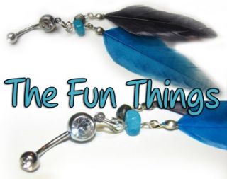 Double CZ Feather Belly Ring Black Blue Navel Ring CZ 14ga 7 16 F537