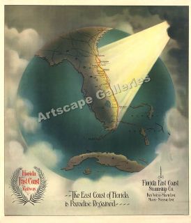 1889 Florida East Coast Steamship Line Old Map 24x28