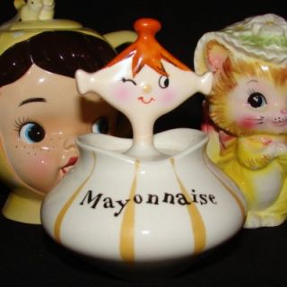 Vintage Holt Howard Mayonnaise Girl Pixie Ceramic Jar Spoon Pixieware