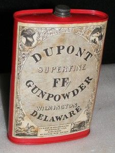 DUPONT, SUPERFINE FFg, OVAL GUNPOWDER TIN FLASK, 1924 GUN POWDER PAPER