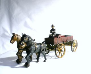   Drawn Wagon with Driver Cast Iron Childs Toy Vehicle Antique 1800s