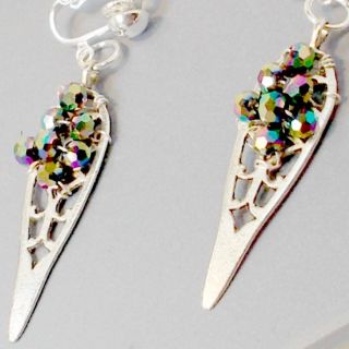 Handmade earrings clip on silvertone AB dark faceted crystals pointy