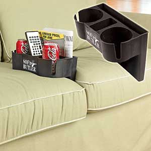 Sofa Butler wedges between cushions. Holds 2 mugs (slots for handles