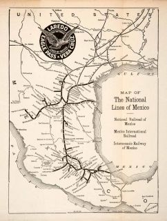 1906 Print Map Laredo Eagle Pass Vera Cruz National Railroad Lines