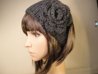 Crochet Headband Ear Warmer with Flower Woman Teen Charcoal Gray