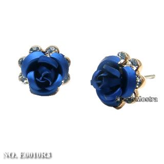  18K Gold Plated Ear Pin Use Swarovski Crystal Blue Rose Flower Earring