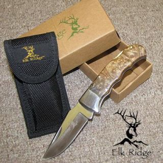 Elk Ridge BURL WOOD Lockback Folding Knife with Sheath   ER 138
