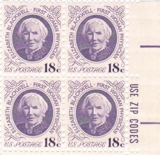 1399 Elizabeth Blackwell 18 Cent Stamp MNH Zip Block of 4