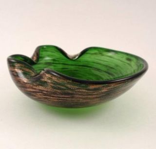 Murano Glass Green Free Form Bowl Gold Aventurine
