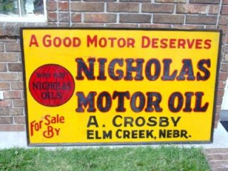  Nicholas Motor Oil Metal Sign Wood Framed Elm Creek Nebraska A Crosby