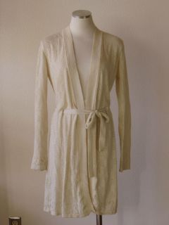 Anthropologie Eberjey Cream Cotton Crocheted Belted Long Cardigan