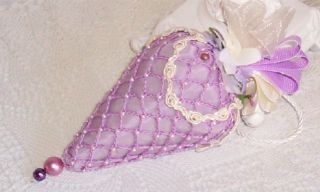 Purple Silk Dupioni Strawberry Sachet Crochet Lace