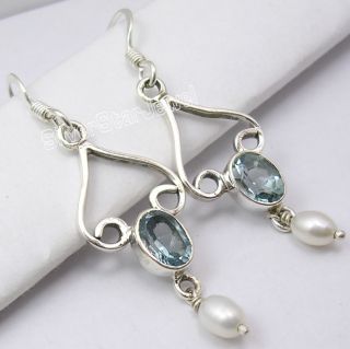 925 Silver Blue Topaz Elegant New Dangle Earrings 4 7cm