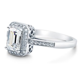 Emerald Cut Clear Cubic Zirconia CZ 925 Sterling Silver Halo Ring 1 06