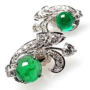  Emerald Cabochon Diamond Earrings Solid Platinum Estate Jewelry