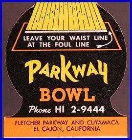 1950s Parkway Bowl Jewelite Matchcover El Cajon CA