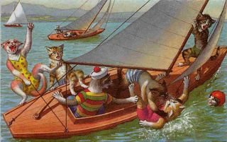 Eugen Hartung Artist Signed Mainzer Dressed Cats Overboard Sailboat