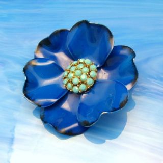 Vtg Large Blue Enamel Aqua Rhinestone Flower Brooch Pin