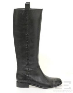 Elie Tahari Black Leather Woven Trim Knee High Flat Boots Size 37 5