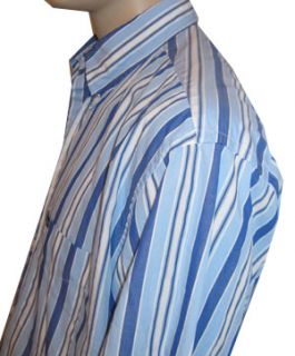 Faconnable Mens Short Sleeve Cotton Button Front Shirt Top Blue Stripe