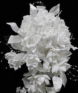 White Silk Roses Gypso Cascade Premade Bridal Bouquet