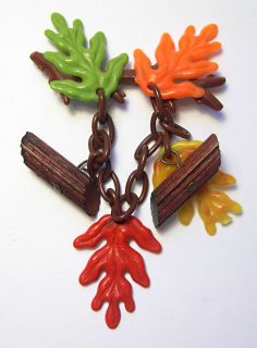 Vintage Plastic Fall Yellow Red Oak Leaves Logs Pin Celluloid Bakelite