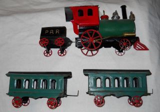 Tin Floor Toy Train Fallows Tender and 2 Passenger Cars Folk Art