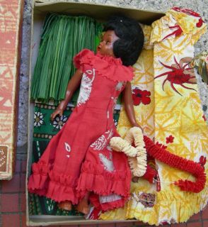 Vintage Elsie Denney Doll Hawaii 2 Dresses Hula Box