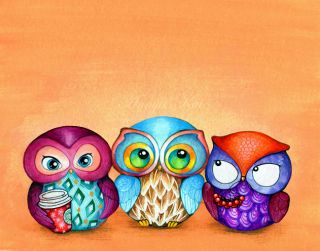 Three Adorable Little Owls Painting Print Orange Turquoise Modern Wall