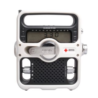 white emergency solar powered radio and flashlight when emergencies or