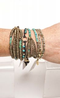 Boho Ettika Turquoise Gold Bead Ring Charm Leather Tassel Bracelet
