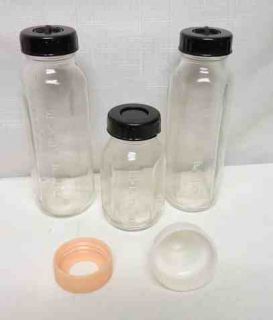 Vintage Glass Baby Bottles * One Pink Cap * 3 Black Caps