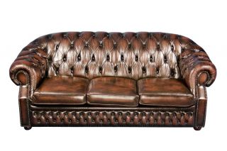  Antique Style Brown Leather Three Seat Chesterfield Sofa
