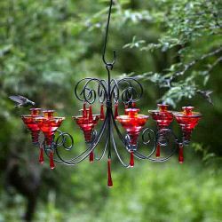  Red Glass Hummingbird Feeder Parasol 6 Flower Feeding Stations