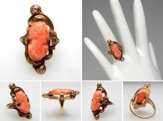 Victorian Era Antique Pink Coral Cameo & Diamond Ring Solid 14K Gold