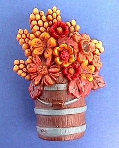  Thanksgiving Bucket of FALL FLOWERS Pail Vtg Holiday Brooch Vintage